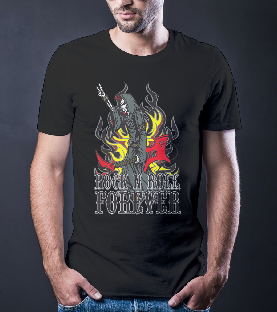 Rock N Roll Forever Grim Reaper Guitar Flames Horns Sign T-Shirt