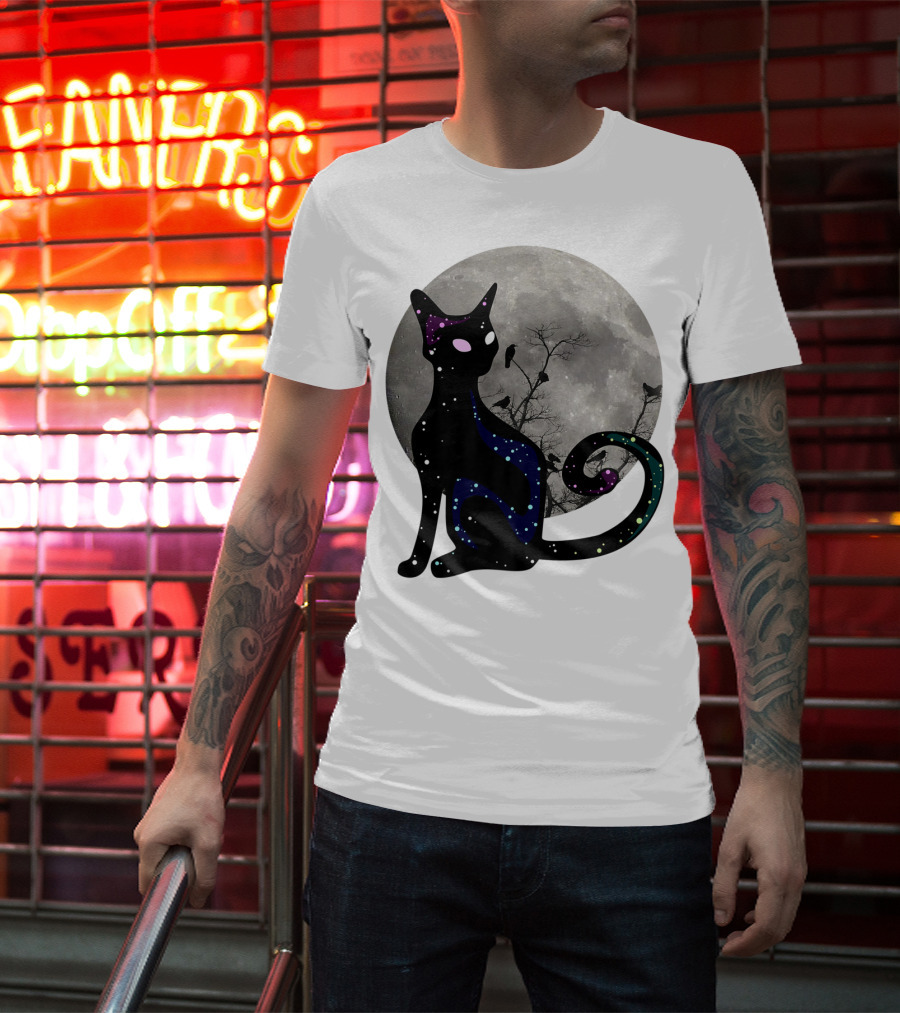 Halloween Scary Black Cat Gothic Full Moon Ravens T-Shirt