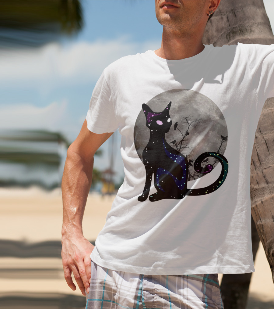 Halloween Scary Black Cat Gothic Full Moon Ravens T-Shirt