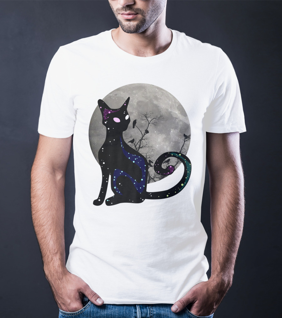 Halloween Scary Black Cat Gothic Full Moon Ravens T-Shirt