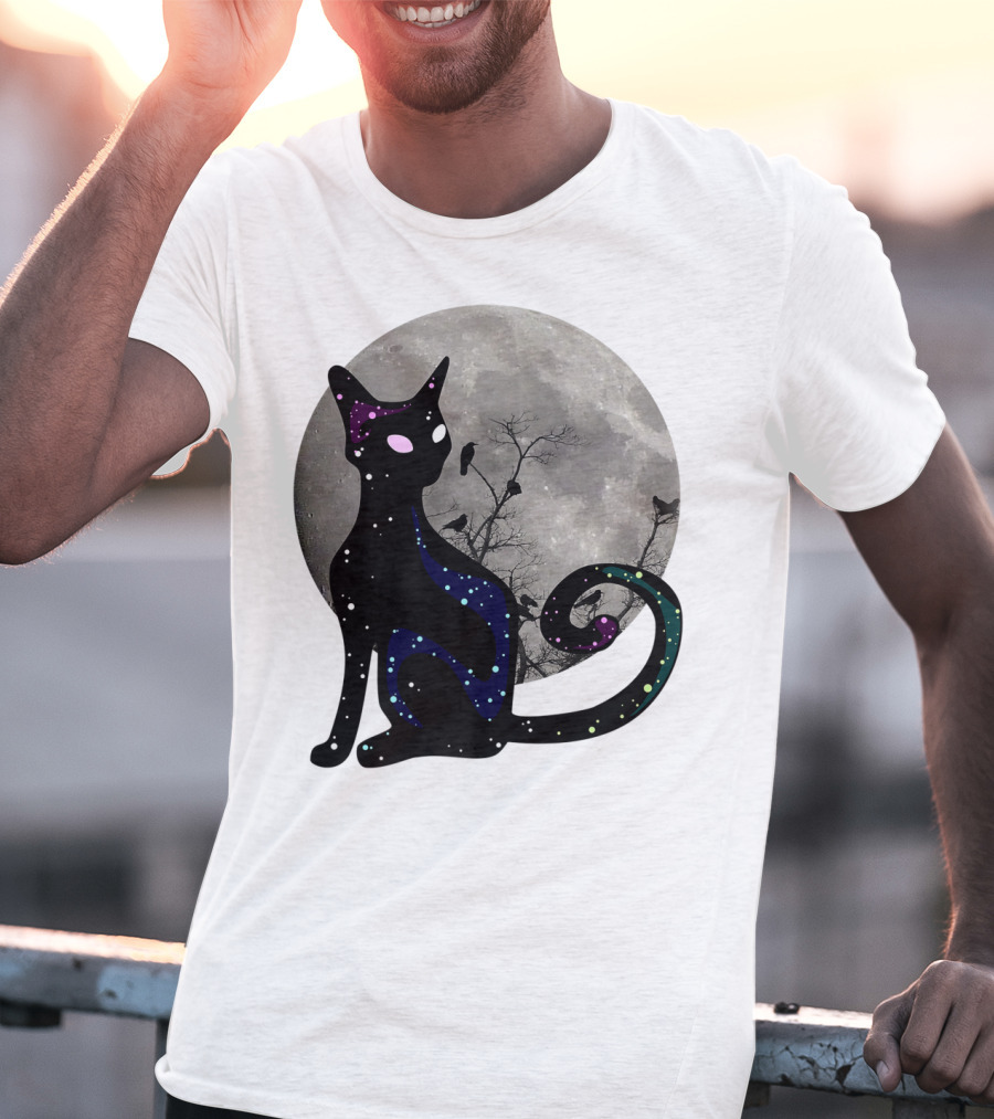 Halloween Scary Black Cat Gothic Full Moon Ravens T-Shirt
