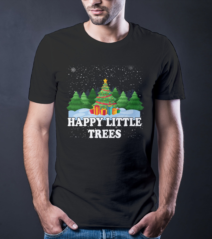 Happy Little Trees Christmas Holiday Snowy Scene T-Shirt