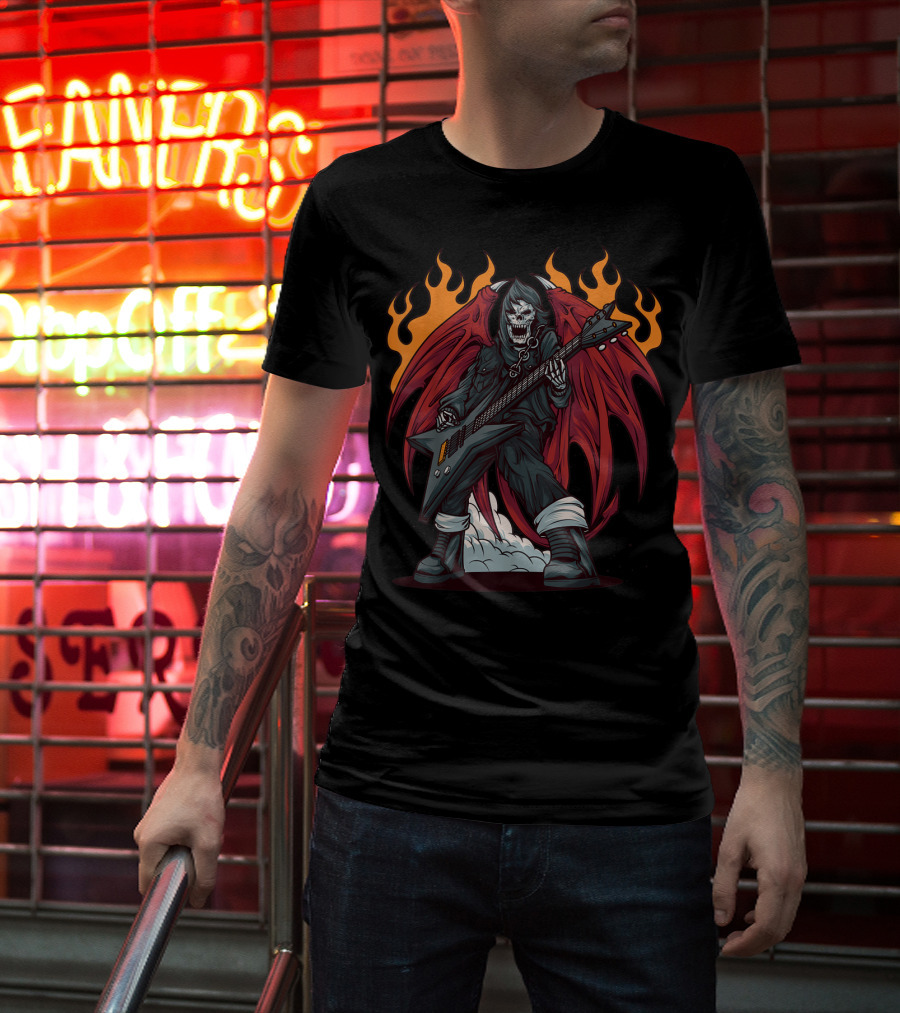 Heavy Metal Guitarist Red Winged Flaming Skull T-Shirt