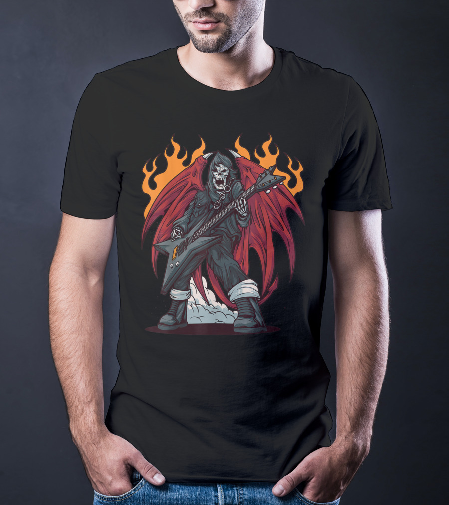 Heavy Metal Guitarist Red Winged Flaming Skull T-Shirt