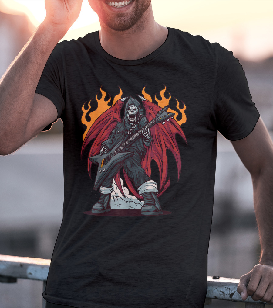 Heavy Metal Guitarist Red Winged Flaming Skull T-Shirt