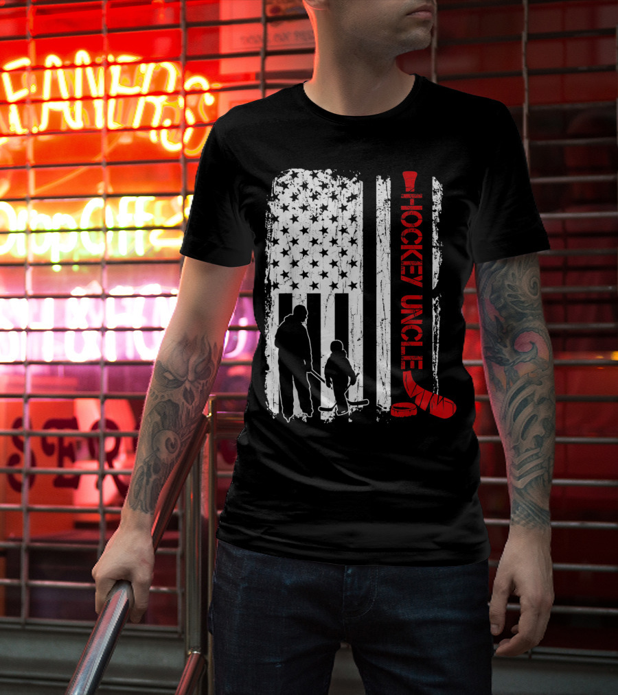 Hockey Uncle American Flag Silhouette With Stick And Player T-Shirt