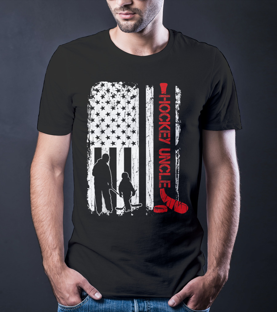 Hockey Uncle American Flag Silhouette With Stick And Player T-Shirt