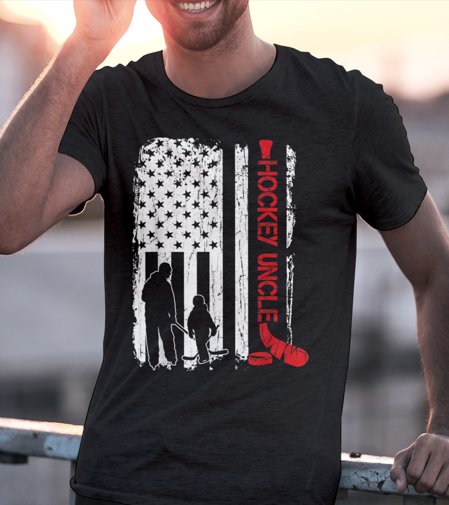 Hockey Uncle American Flag Silhouette With Stick And Player T-Shirt