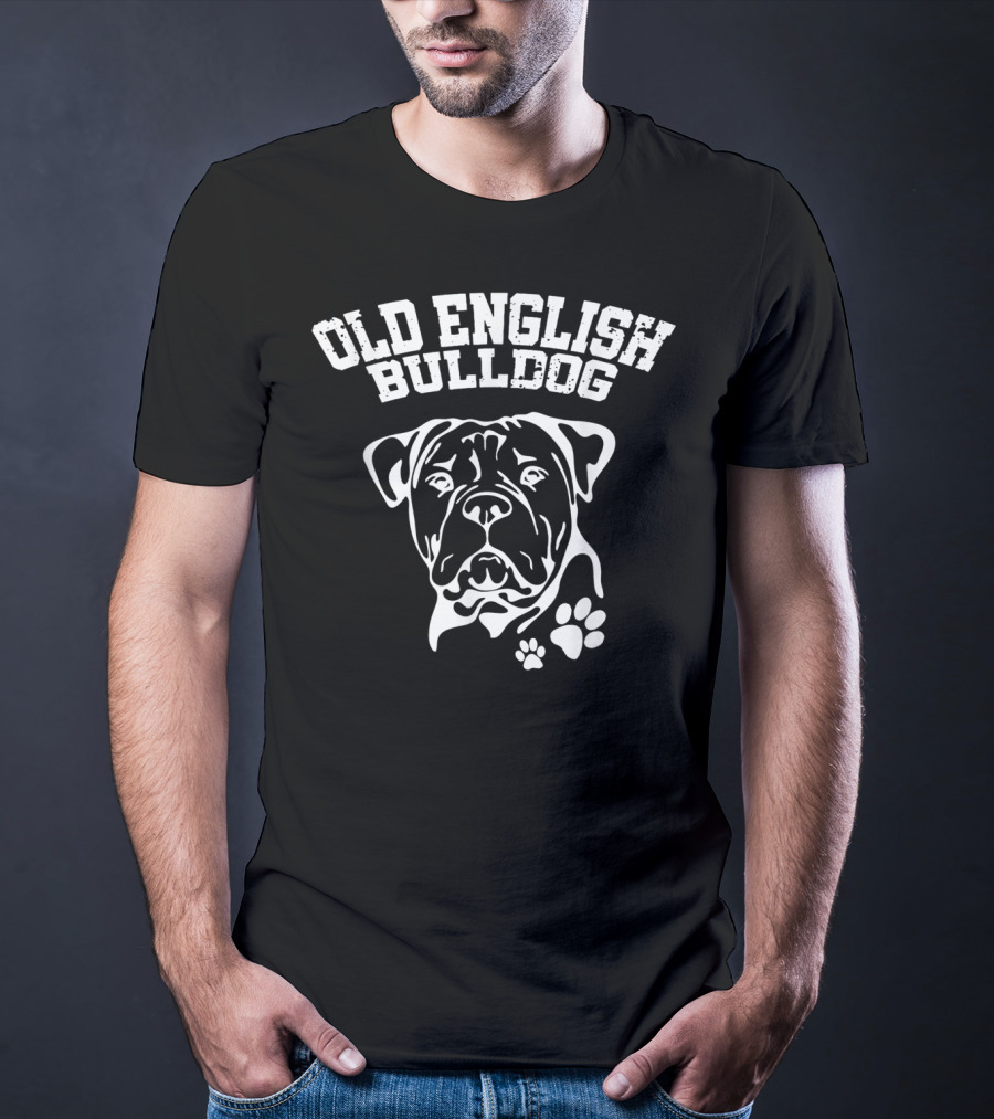 Old English Bulldog Illustration With Text And Paw Prints T-Shirt