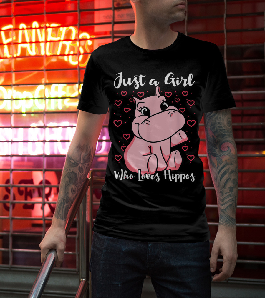 Just A Girl Who Loves Hippos Cute Animal Pink Hearts T-Shirt