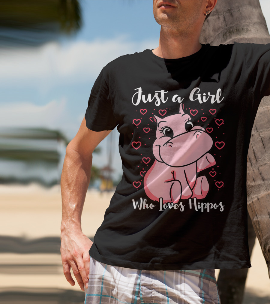 Just A Girl Who Loves Hippos Cute Animal Pink Hearts T-Shirt