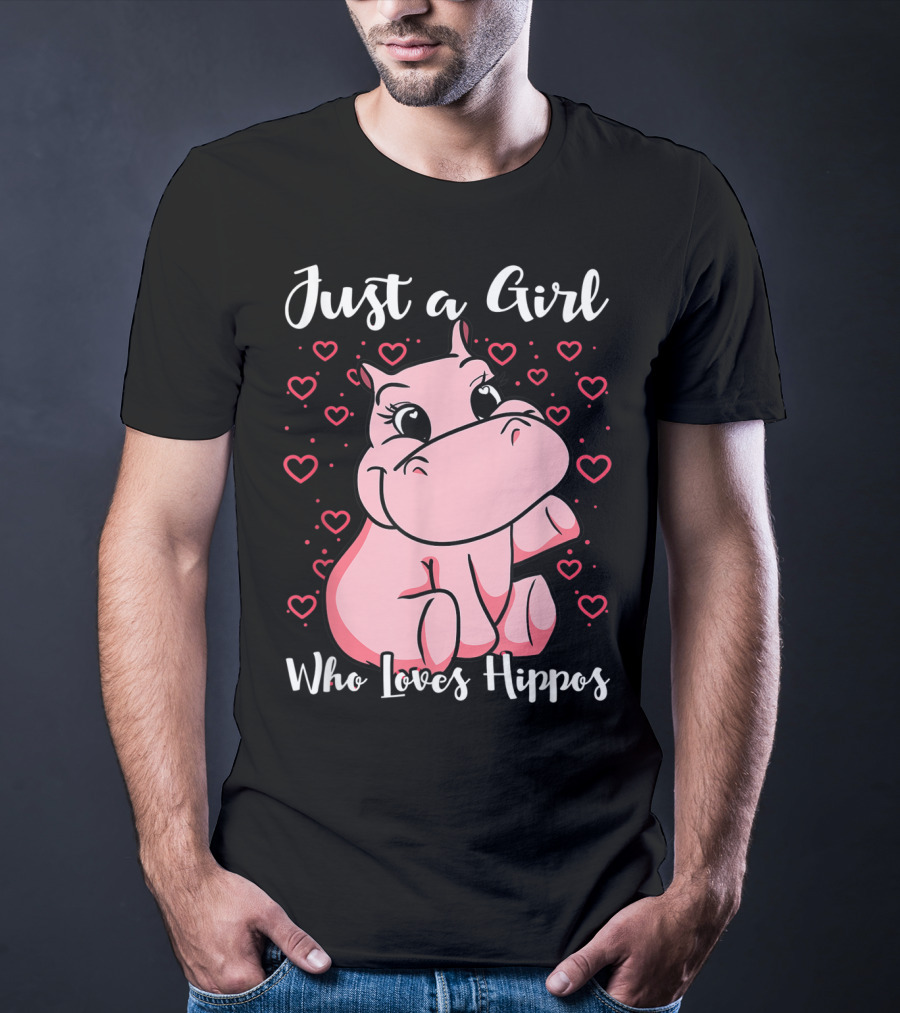 Just A Girl Who Loves Hippos Cute Animal Pink Hearts T-Shirt
