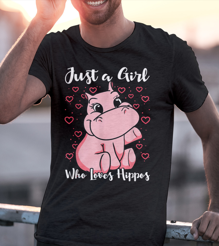 Just A Girl Who Loves Hippos Cute Animal Pink Hearts T-Shirt