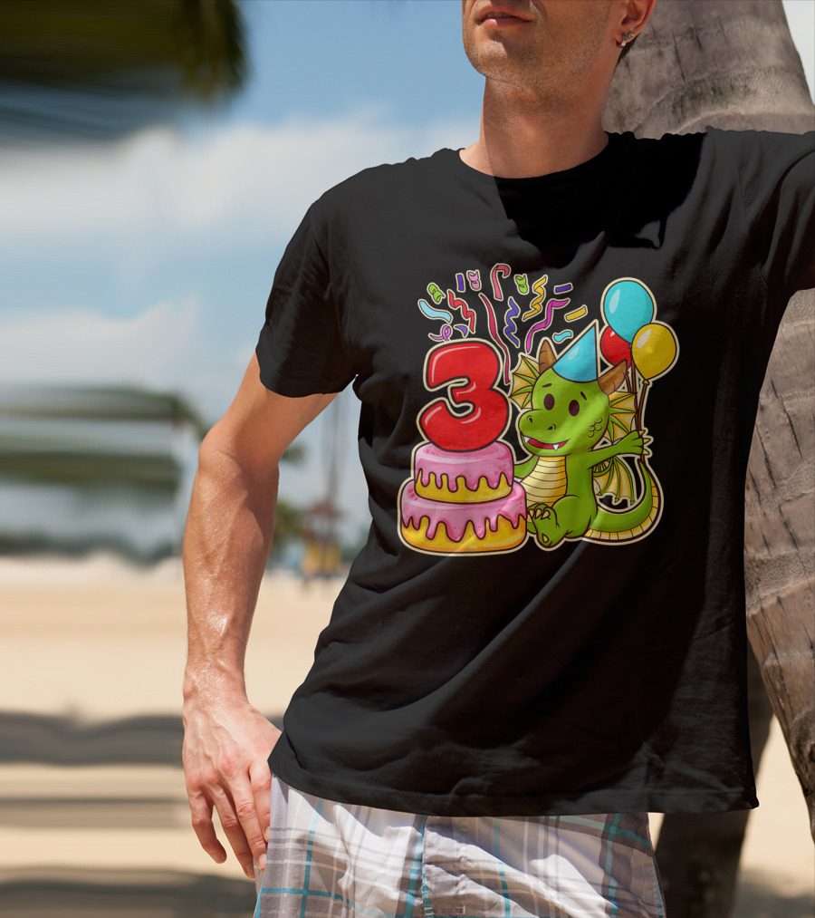 Kids 3rd Birthday Dragon Party Cake Balloons Confetti 3 Year Old T-Shirt