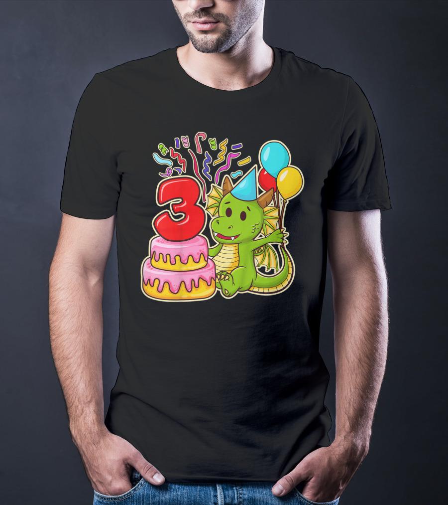 Kids 3rd Birthday Dragon Party Cake Balloons Confetti 3 Year Old T-Shirt