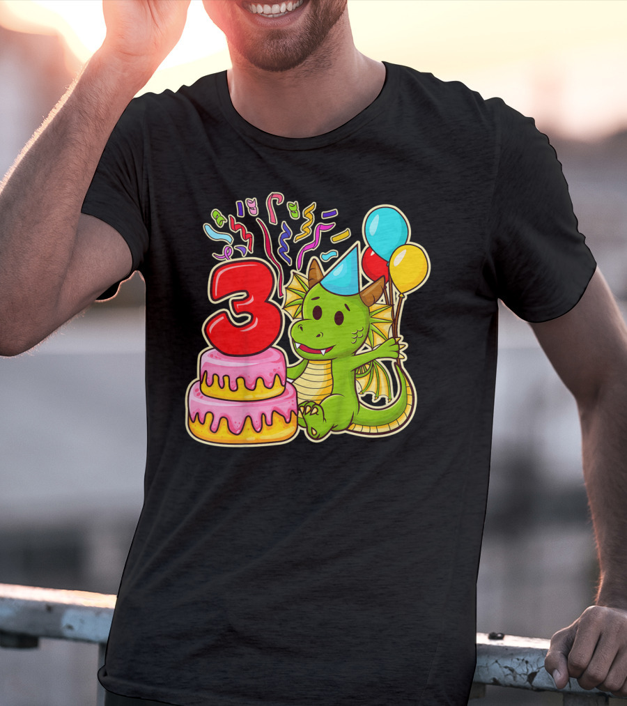 Kids 3rd Birthday Dragon Party Cake Balloons Confetti 3 Year Old T-Shirt