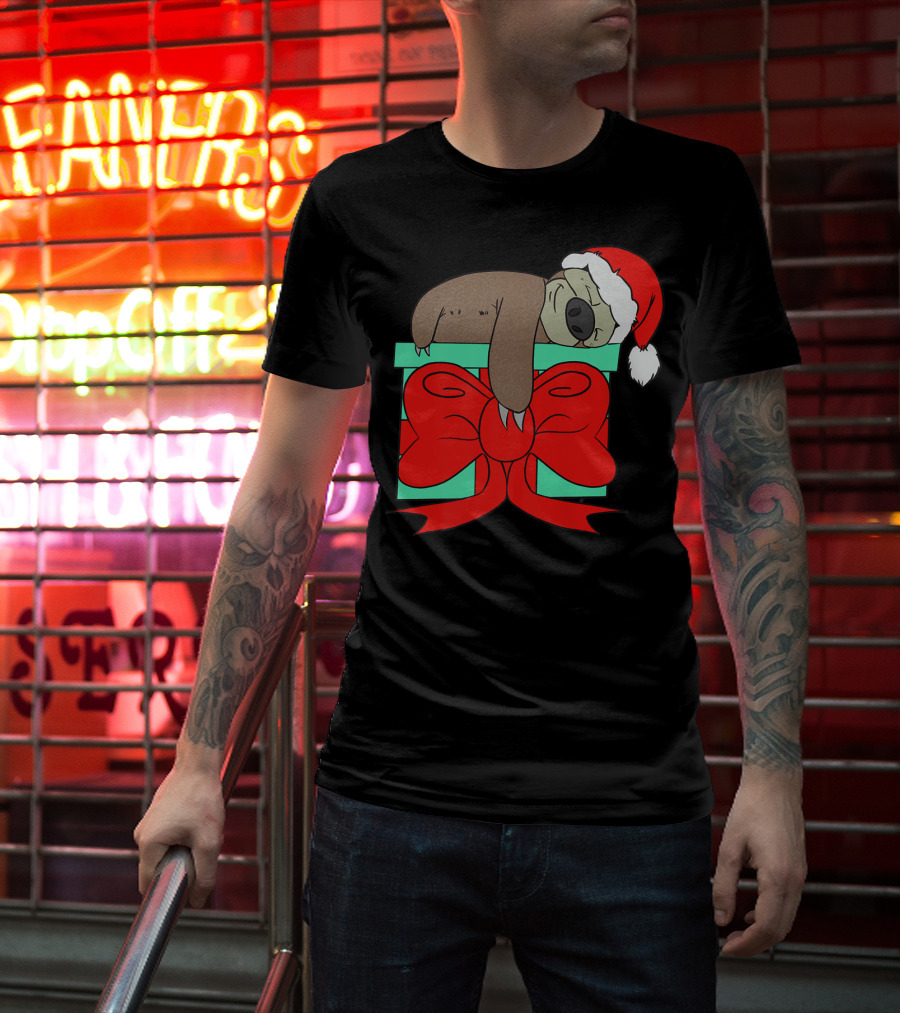Lazy Christmas Sloth With Santa Hat And Gift Box Cute Funny Love It T-Shirt