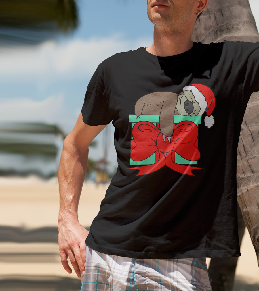 Lazy Christmas Sloth With Santa Hat And Gift Box Cute Funny Love It T-Shirt