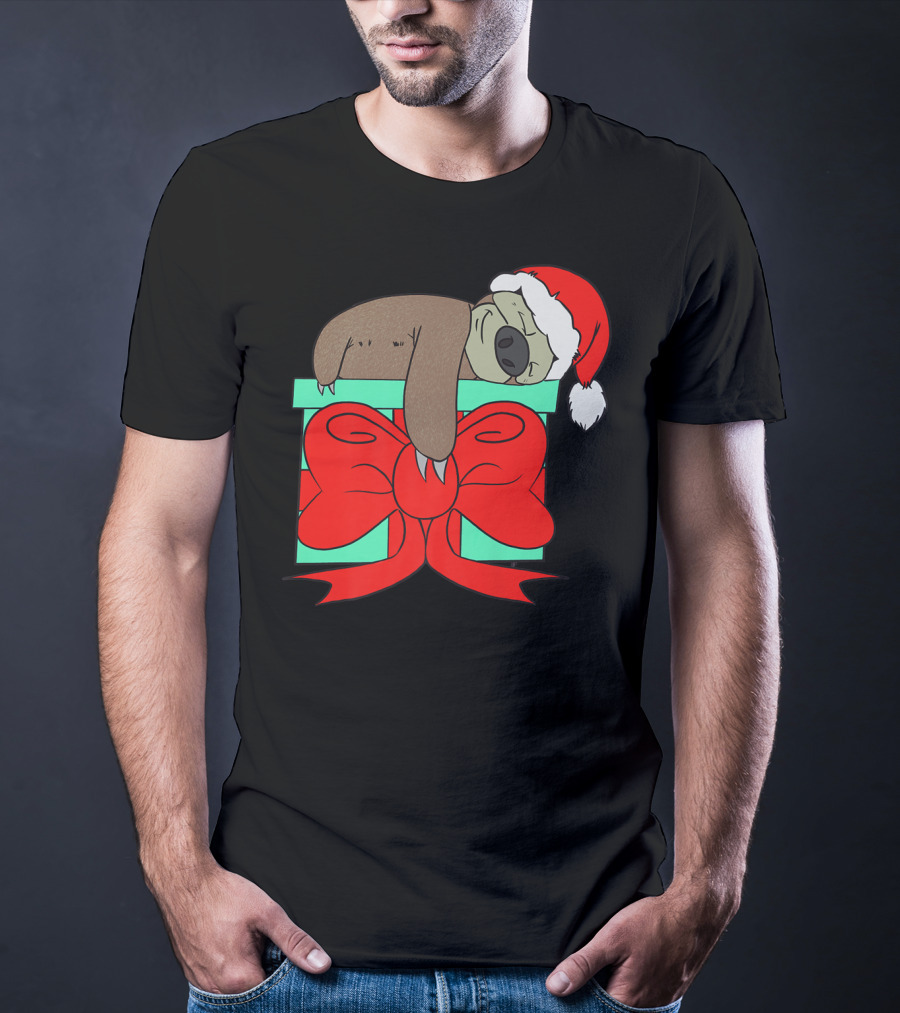 Lazy Christmas Sloth With Santa Hat And Gift Box Cute Funny Love It T-Shirt