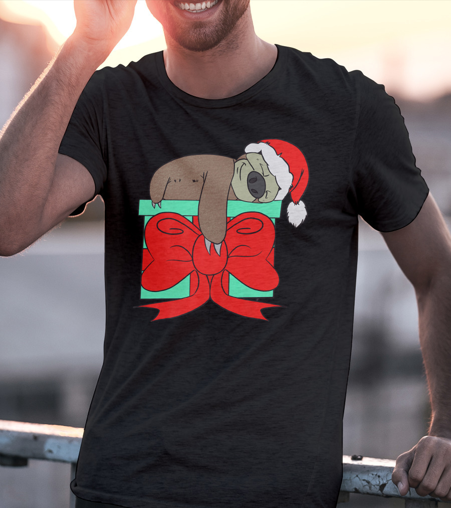 Lazy Christmas Sloth With Santa Hat And Gift Box Cute Funny Love It T-Shirt
