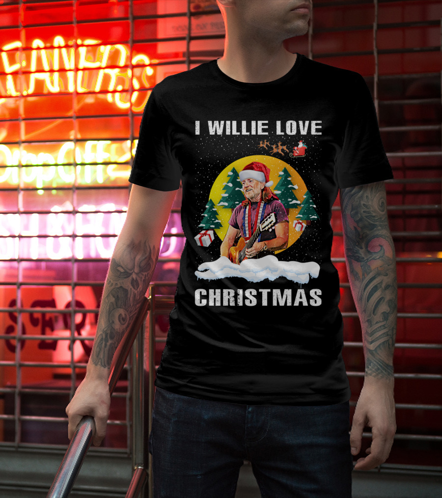 I Willie Love Christmas Santa Hat Guitar Snow Scene T-Shirt
