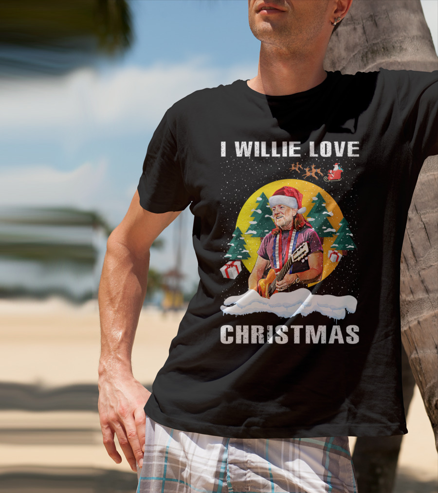 I Willie Love Christmas Santa Hat Guitar Snow Scene T-Shirt