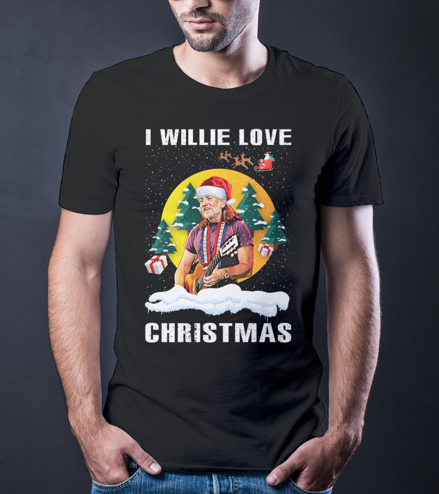 I Willie Love Christmas Santa Hat Guitar Snow Scene T-Shirt