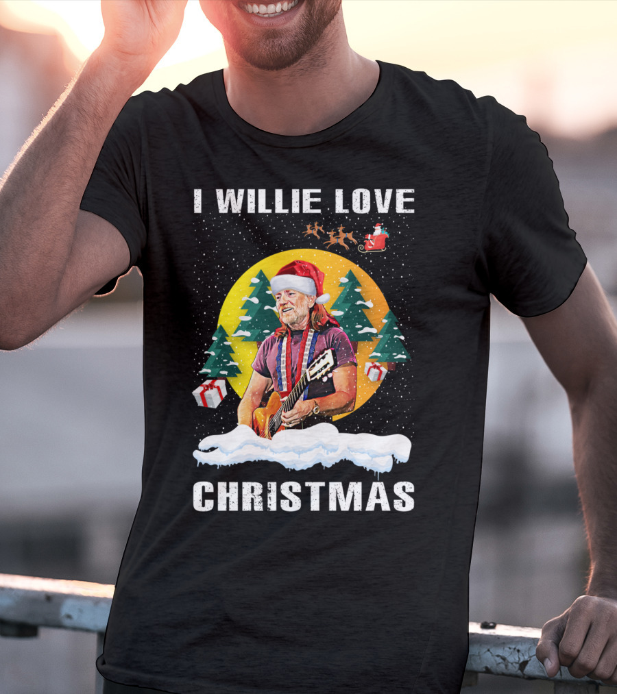 I Willie Love Christmas Santa Hat Guitar Snow Scene T-Shirt