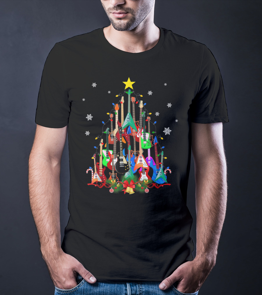 Mens Womens Guitar Christmas Tree Star Candy Canes Snowflakes Holiday Lights T-Shirt
