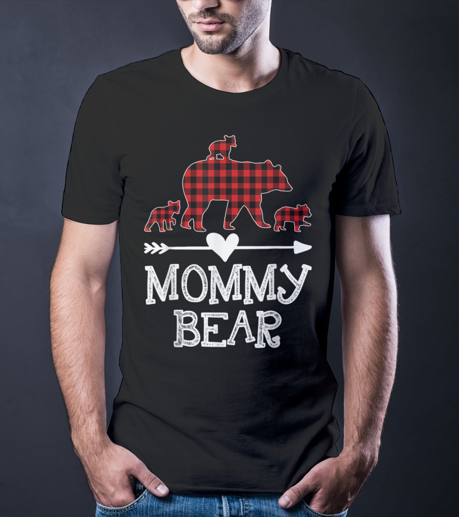 Mommy Bear Red Plaid Three Cubs Heart Arrow T-Shirt