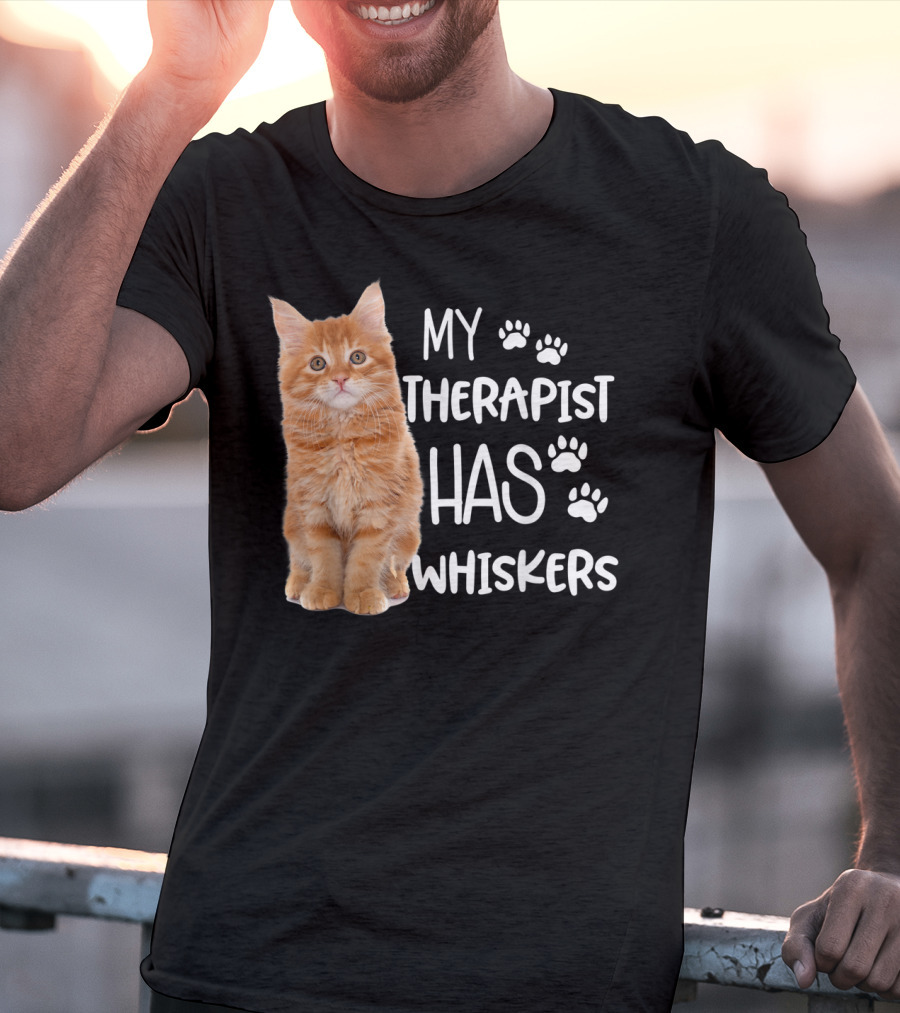 My Therapist Has Whiskers Funny Cat Lovers With Paw Prints And Orange Kitten T-Shirt
