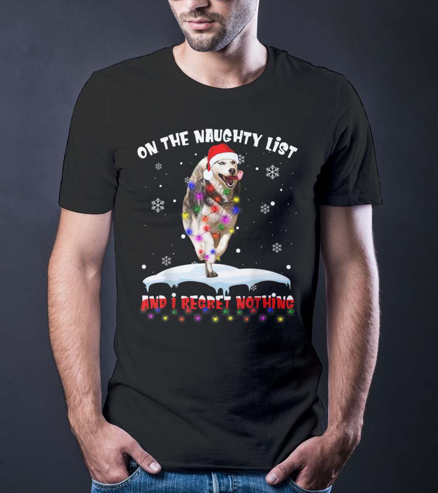 On The Naughty List And I Regret Nothing Husky In Santa Hat With Christmas Lights And Snowflakes T-Shirt