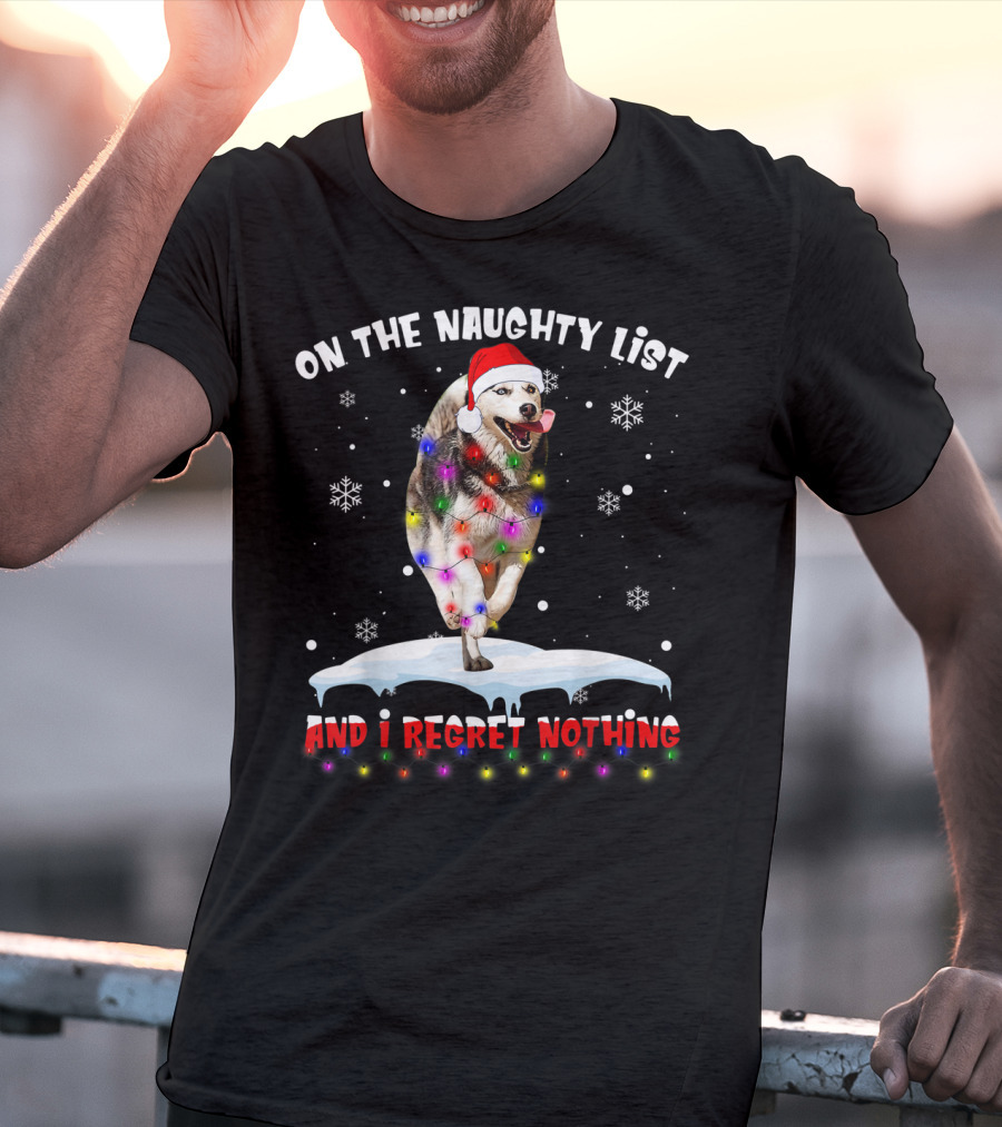 On The Naughty List And I Regret Nothing Husky In Santa Hat With Christmas Lights And Snowflakes T-Shirt