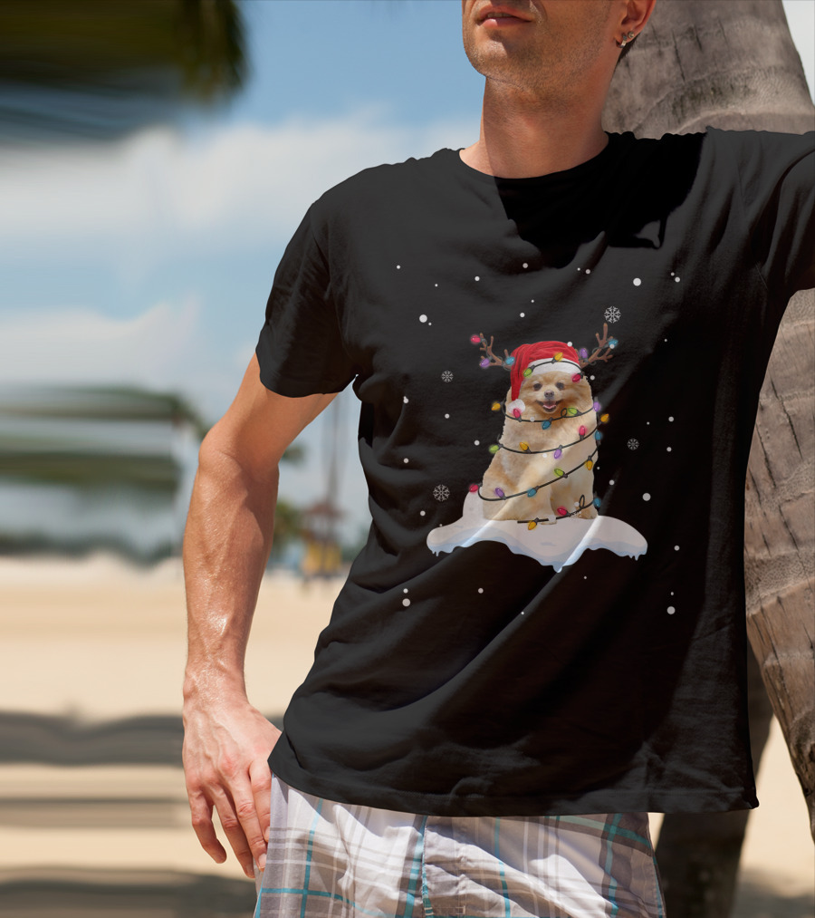 Pomeranian Santa Hat Wrapped In Christmas Lights With Reindeer Antlers And Snowflakes T-Shirt