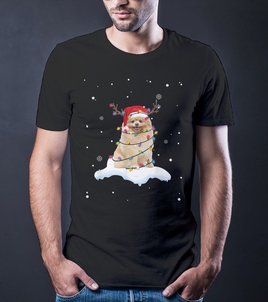 Pomeranian Santa Hat Wrapped In Christmas Lights With Reindeer Antlers And Snowflakes T-Shirt