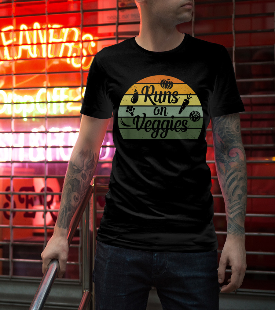 Runs On Veggies Retro Vintage Style Vegetarian Vegan T-Shirt