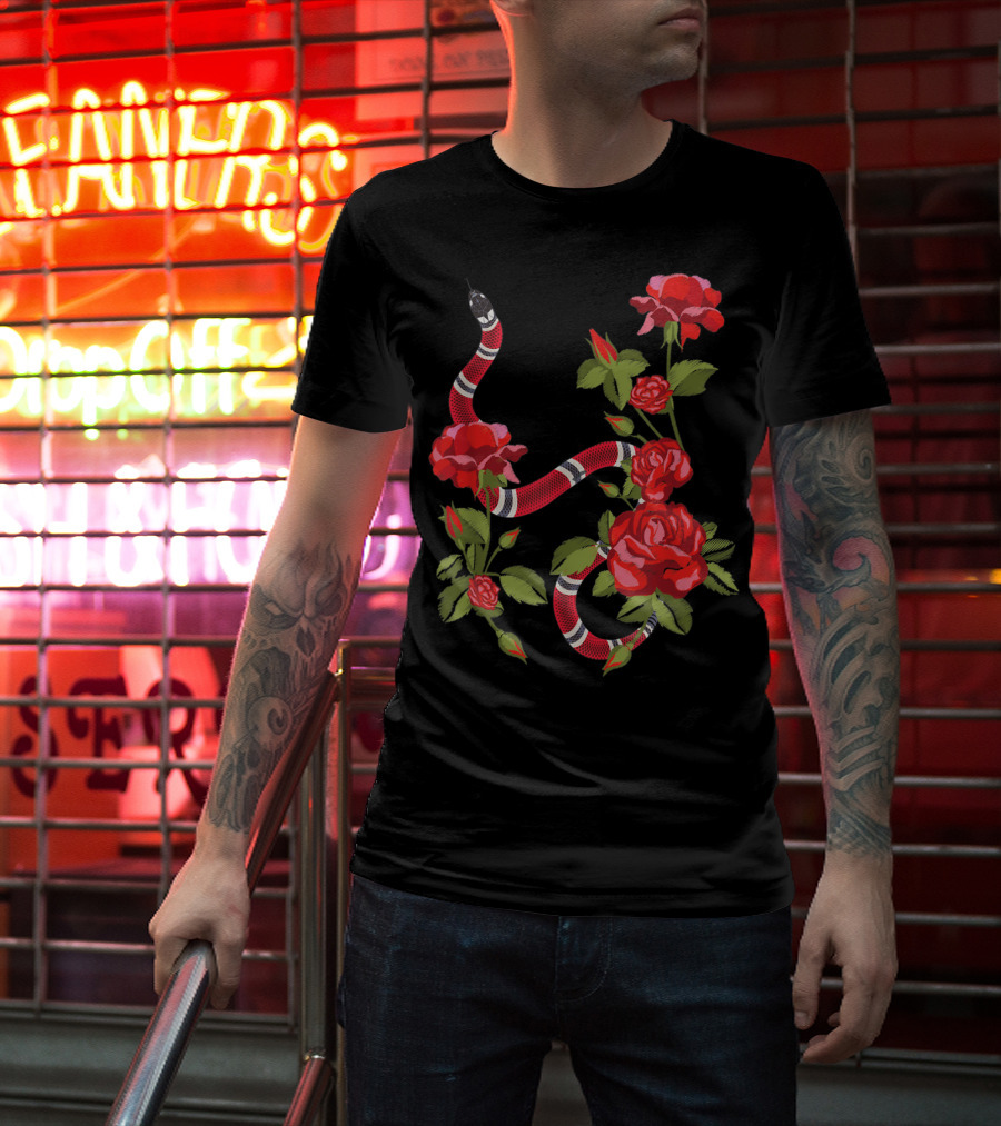 Royal Striped Snake And Flower Red Roses Botanical T-Shirt