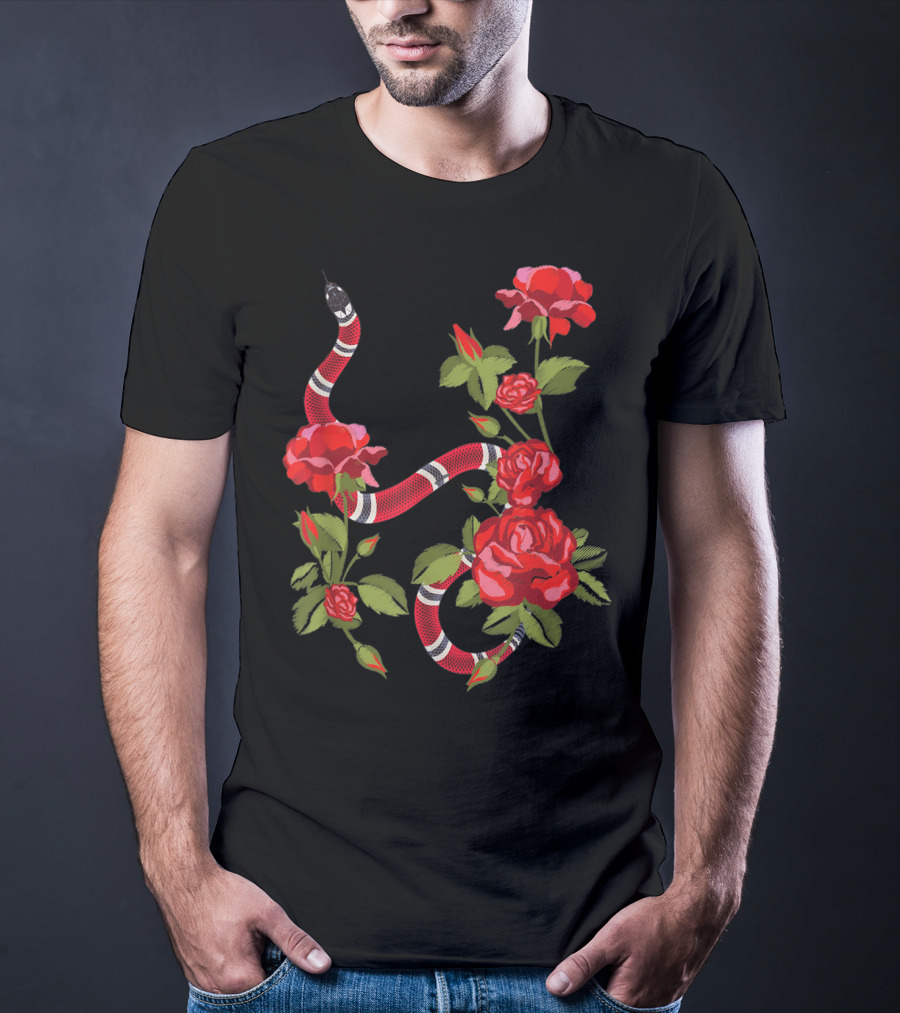 Royal Striped Snake And Flower Red Roses Botanical T-Shirt