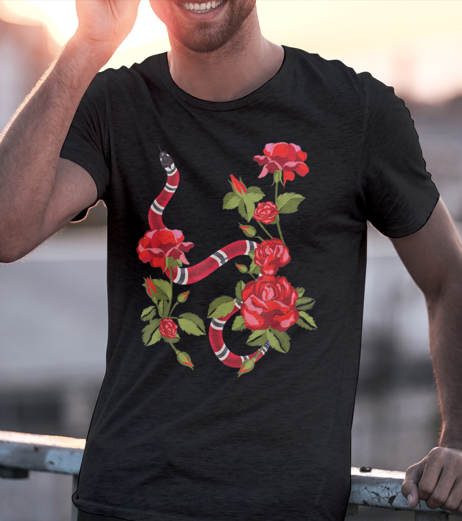 Royal Striped Snake And Flower Red Roses Botanical T-Shirt