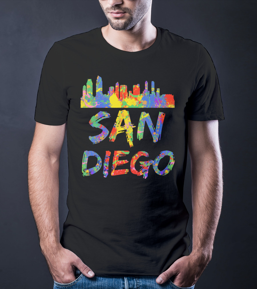 San Diego Rainbow Skyline Cali City Vibrant Text T-Shirt