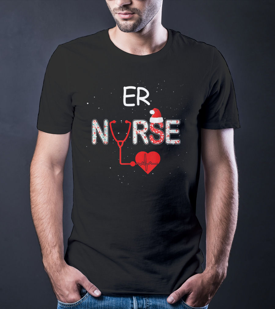 ER Nurse Christmas Santa Hat Stethoscope Heart Xmas Nursing T-Shirt