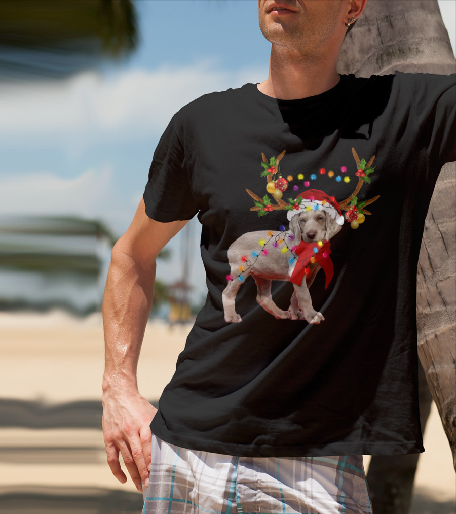 Santa Weimaraner Reindeer Christmas Lights T-Shirt