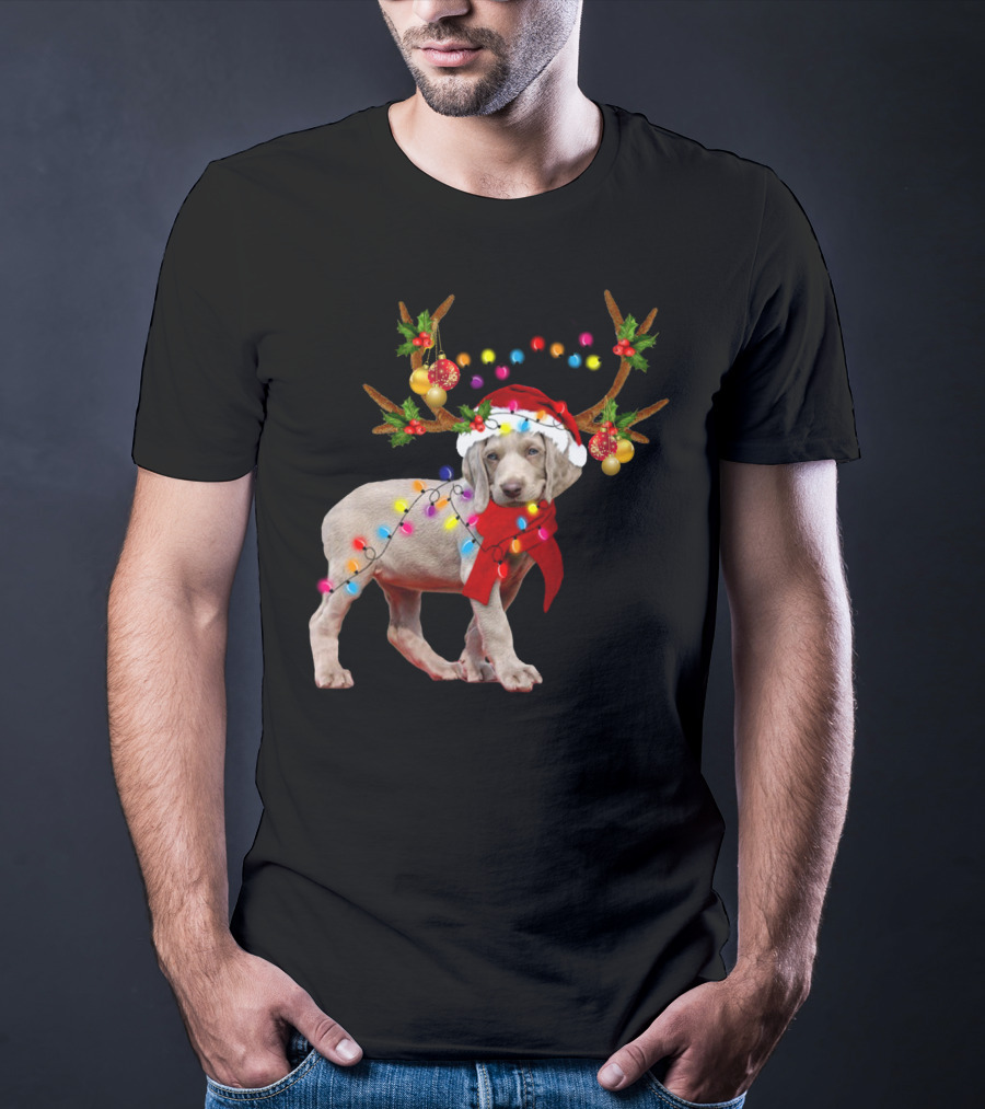 Santa Weimaraner Reindeer Christmas Lights T-Shirt