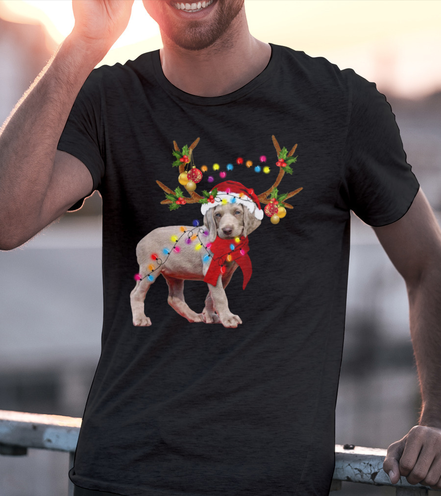 Santa Weimaraner Reindeer Christmas Lights T-Shirt