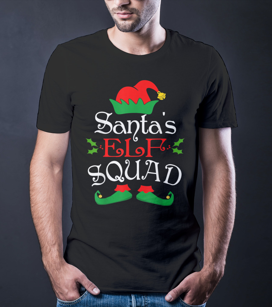 Santa's Elf Squad Christmas Elves Festive Holiday Team With Holly And Elf Hat T-Shirt