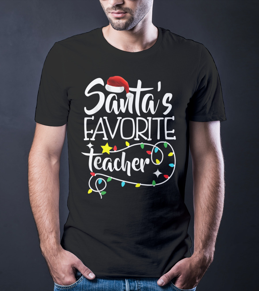Santa's Favorite Teacher Christmas Lights With Santa Hat Stars And Colorful Bulbs T-Shirt