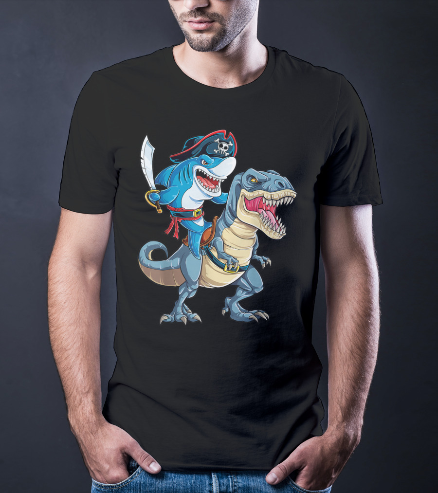 Shark Pirate Riding Dinosaur Rex Jawsome Adventure T-Shirt