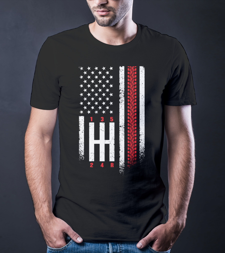 Shift Mechanic Gears American Flag Racing Tire Tracks T-Shirt