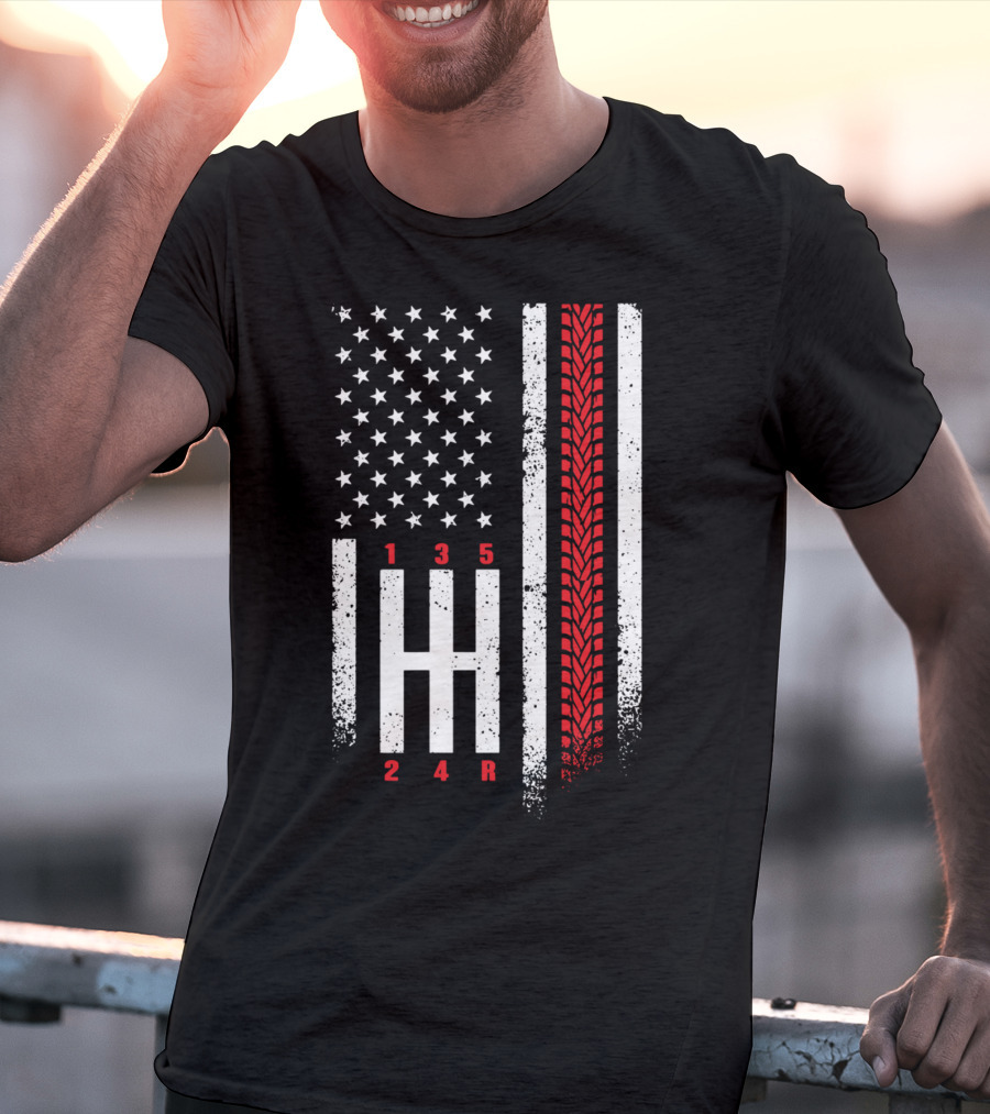 Shift Mechanic Gears American Flag Racing Tire Tracks T-Shirt
