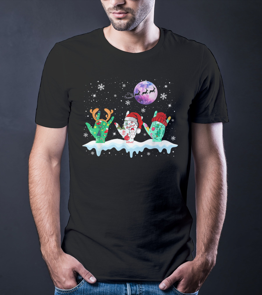 Sign Language Christmas Reindeer Santa Moon Snowflakes T-Shirt